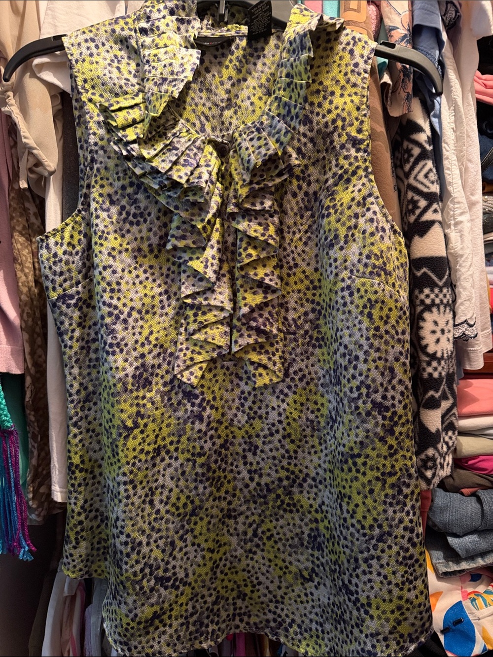 Women's Sleeveless Ruffle Front Blouse - Lime Green Multi